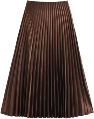 Women Vintage Casual Long Skirt Solid High Waist Pleated Flowy Midi Skirts
