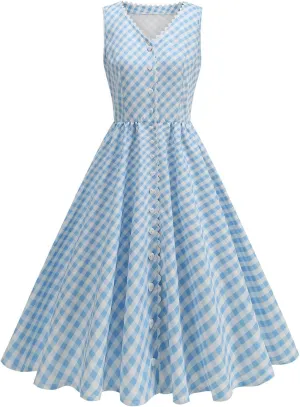 Women's 1950s Vintage Plaid Tank Dress Casual V Neck Hepburn Swing Prom Party Midi Dresses Wedding Guest Outfits
