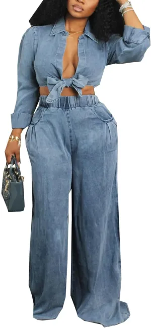 Women's 2 Piece Outfits 2024 Fall Sexy Long Sleeve Tie Front Crop Tops and Wide Leg Pants Sets Loungewear
