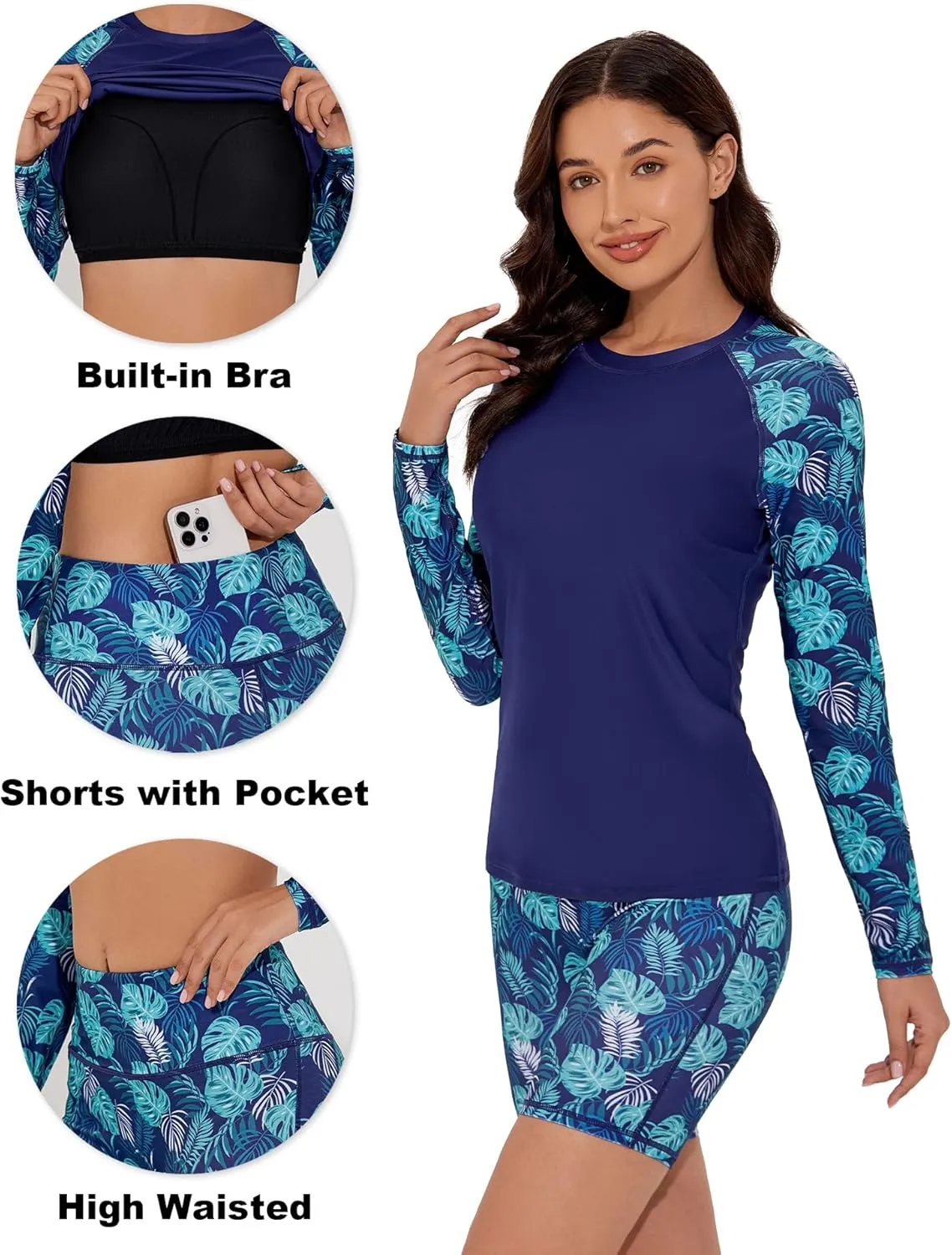 Women's 2 Piece Rash Guard UPF 50  Long Sleeve Swim Shirt Built in Bra Swimsuit with Boyshorts with Pockets