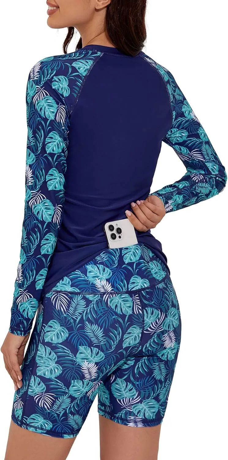 Women's 2 Piece Rash Guard UPF 50  Long Sleeve Swim Shirt Built in Bra Swimsuit with Boyshorts with Pockets
