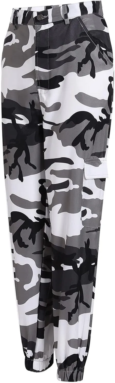 Women's Camo Pants Cargo Trousers High Waist Casual Camouflage Tactical Pants Loose Fit Jogger Pants with Pocket