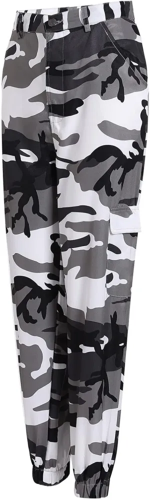 Women's Camo Pants Cargo Trousers High Waist Casual Camouflage Tactical Pants Loose Fit Jogger Pants with Pocket