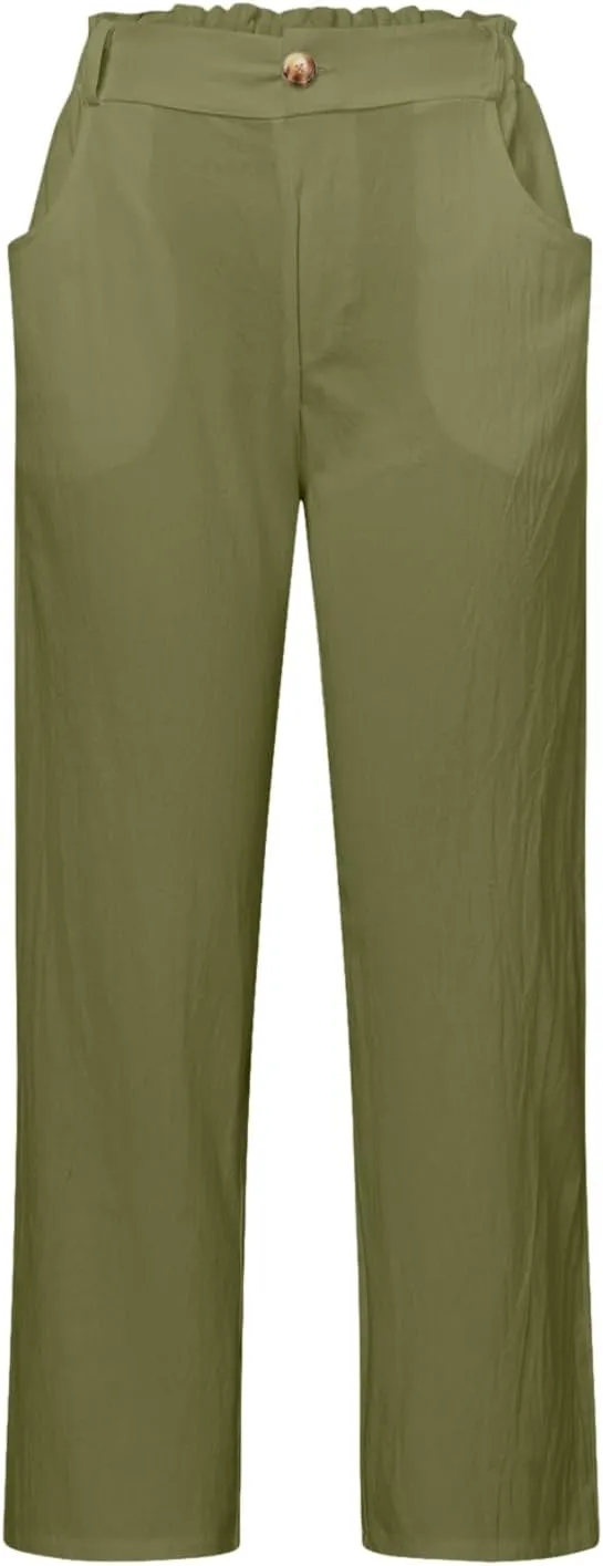 Womens Capri Pants Cotton Linen Casual Summer Pants Plus Size Drawstring Elastic Trouser with Pockets Beach Clothes
