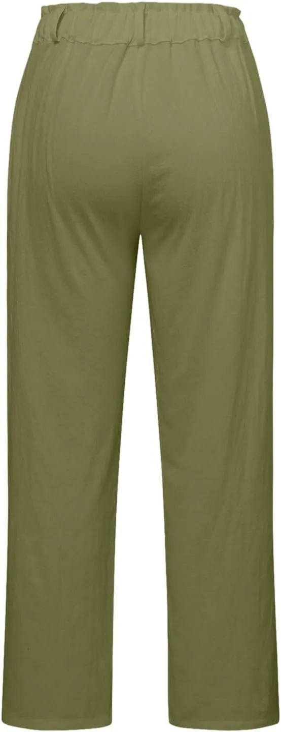 Womens Capri Pants Cotton Linen Casual Summer Pants Plus Size Drawstring Elastic Trouser with Pockets Beach Clothes