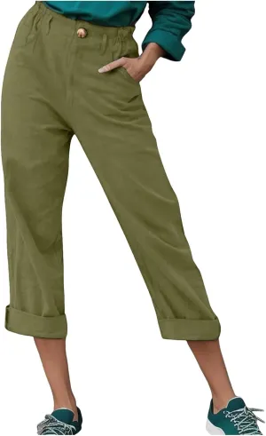 Womens Capri Pants Cotton Linen Casual Summer Pants Plus Size Drawstring Elastic Trouser with Pockets Beach Clothes