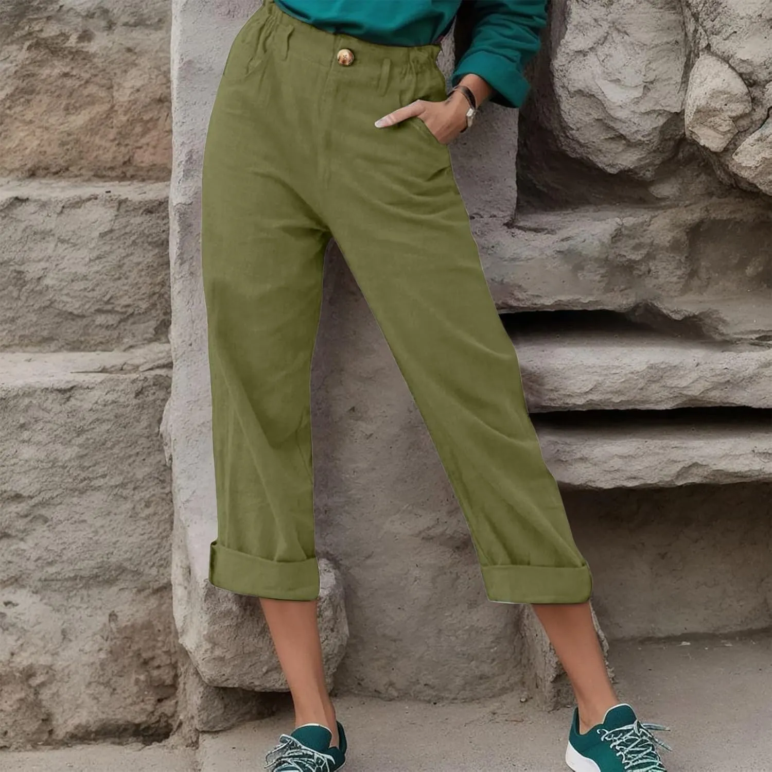 Womens Capri Pants Cotton Linen Casual Summer Pants Plus Size Drawstring Elastic Trouser with Pockets Beach Clothes