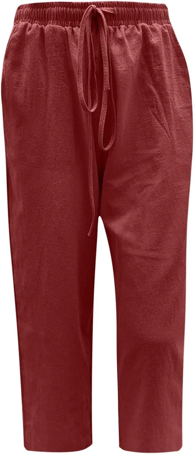 Womens Capri Pants Summer Casual Comfy Baggy Palazzo Pants with Pockets Trendy Loose Trouser with Pockets Plus Size