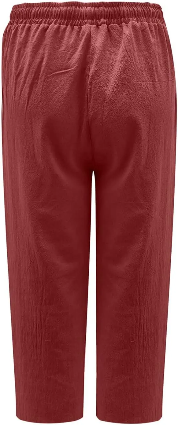 Womens Capri Pants Summer Casual Comfy Baggy Palazzo Pants with Pockets Trendy Loose Trouser with Pockets Plus Size