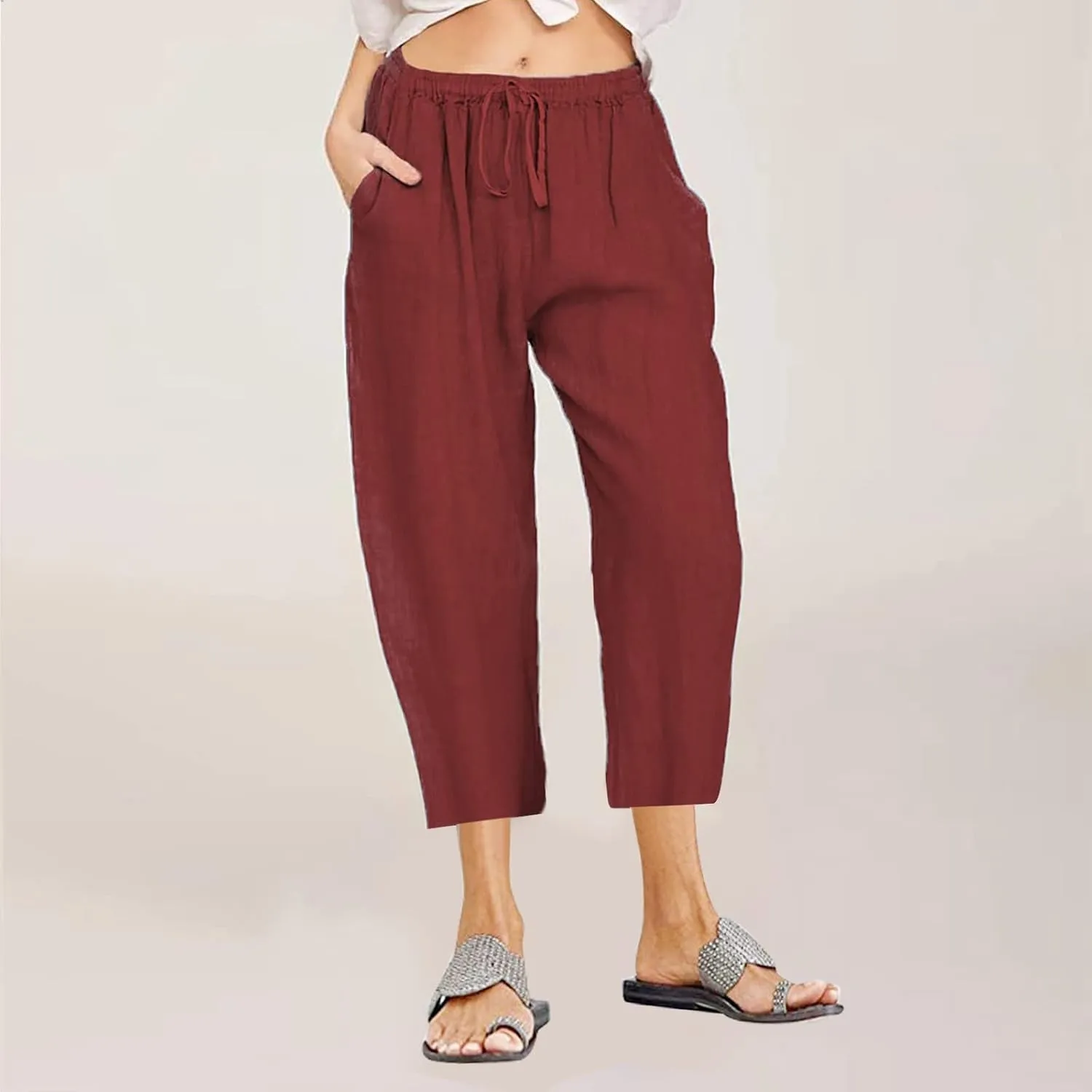 Womens Capri Pants Summer Casual Comfy Baggy Palazzo Pants with Pockets Trendy Loose Trouser with Pockets Plus Size