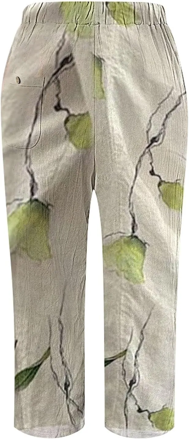 Womens Casual Linen Pants 2024 Drawstring Elastic Waist Trousers with Pockets Lounge Fashion Vacation Capri Pants