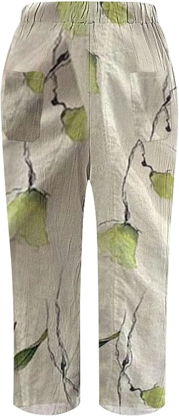 Womens Casual Linen Pants 2024 Drawstring Elastic Waist Trousers with Pockets Lounge Fashion Vacation Capri Pants