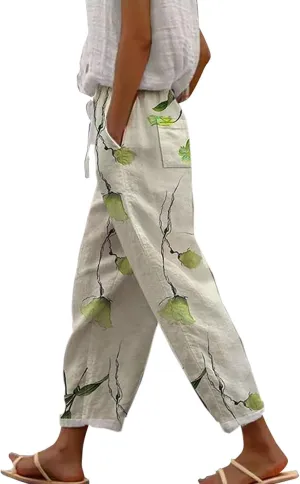 Womens Casual Linen Pants 2024 Drawstring Elastic Waist Trousers with Pockets Lounge Fashion Vacation Capri Pants