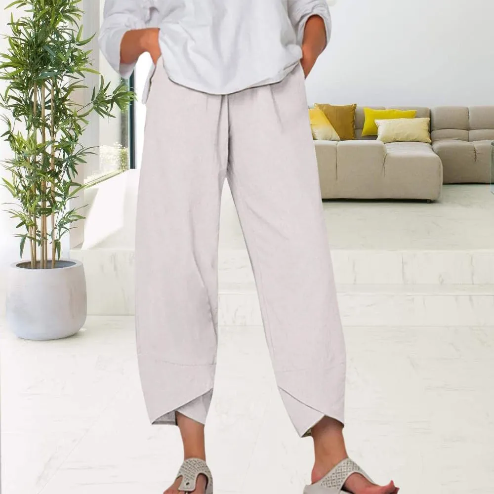 Womens Cotton Linen Capri Pants Boho Wide Leg Loose Palazzo Cropped Pants Summer Casual Baggy Trousers with Pockets