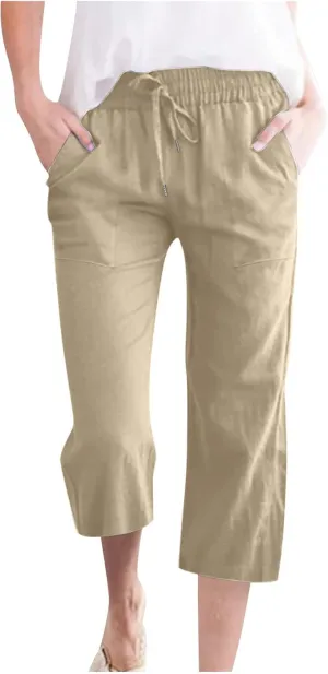 Womens Cotton Linen Capri Pants Casual Summer 2025 Straight Wide Leg Loose Fit Drawstring Elastic Cropped Trousers
