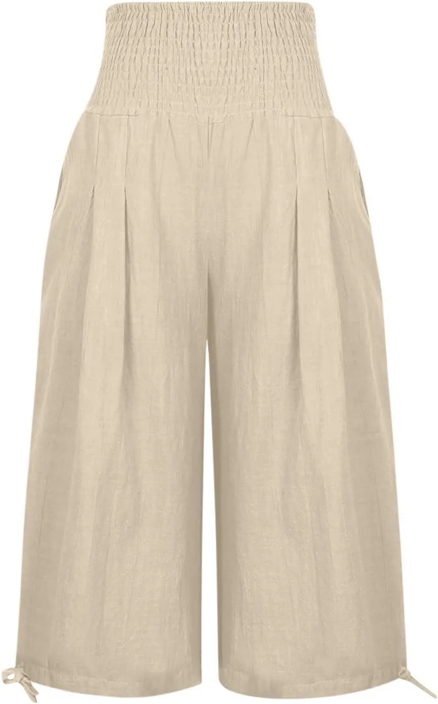 Womens Cotton Linen Capri Pants High Waisted Flowy Lounge Wide Leg Palazzo Capris Baggy Summer Casual Cropped Trouser