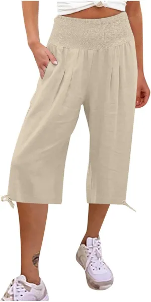 Womens Cotton Linen Capri Pants High Waisted Flowy Lounge Wide Leg Palazzo Capris Baggy Summer Casual Cropped Trouser