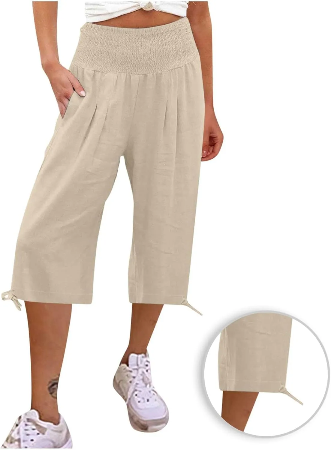 Womens Cotton Linen Capri Pants High Waisted Flowy Lounge Wide Leg Palazzo Capris Baggy Summer Casual Cropped Trouser