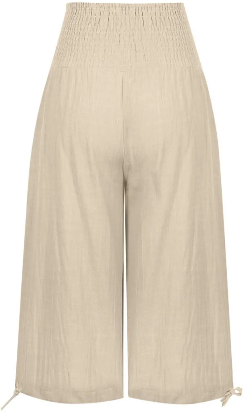 Womens Cotton Linen Capri Pants High Waisted Flowy Lounge Wide Leg Palazzo Capris Baggy Summer Casual Cropped Trouser