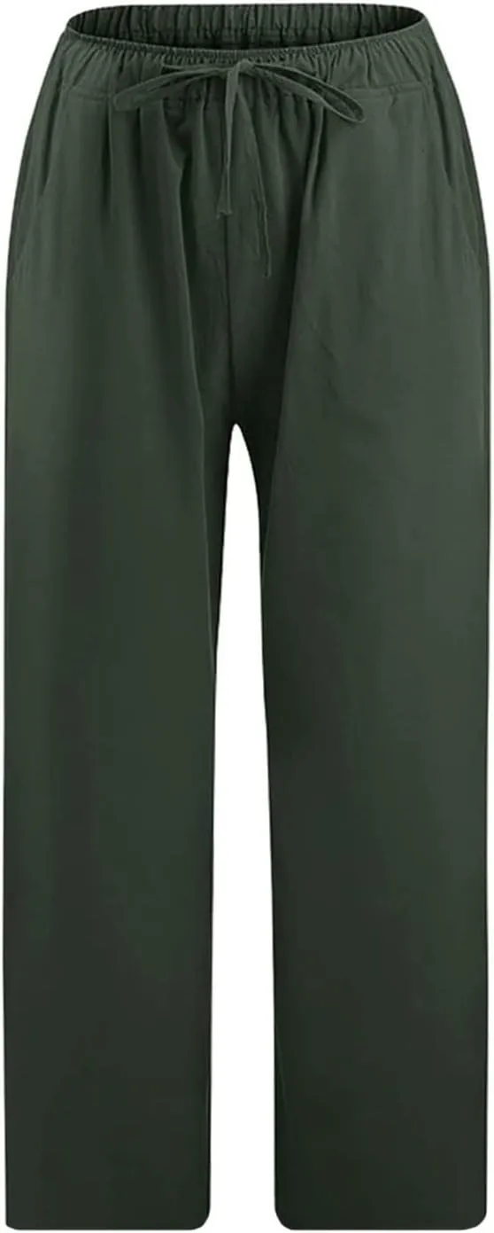 Women's Cotton Linen Capri Pants Lightweight Comfy Elastic High Waist Palazzo Pant 2025 Ladies Cropped Trousers