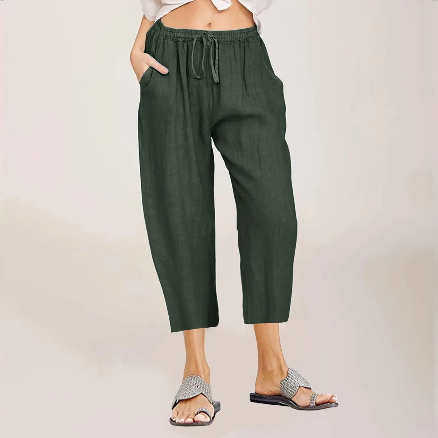 Women's Cotton Linen Capri Pants Lightweight Comfy Elastic High Waist Palazzo Pant 2025 Ladies Cropped Trousers
