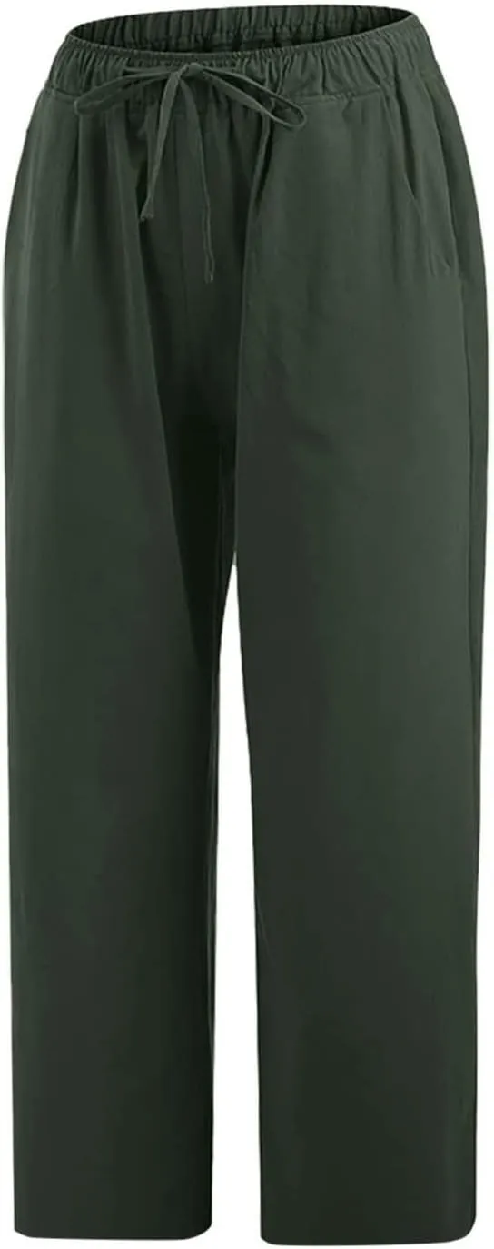 Women's Cotton Linen Capri Pants Lightweight Comfy Elastic High Waist Palazzo Pant 2025 Ladies Cropped Trousers