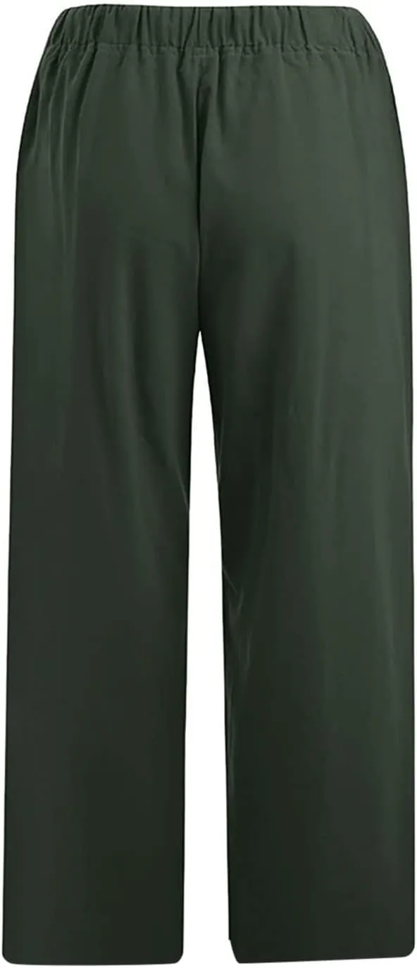 Women's Cotton Linen Capri Pants Lightweight Comfy Elastic High Waist Palazzo Pant 2025 Ladies Cropped Trousers