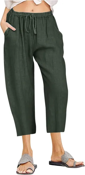 Women's Cotton Linen Capri Pants Lightweight Comfy Elastic High Waist Palazzo Pant 2025 Ladies Cropped Trousers