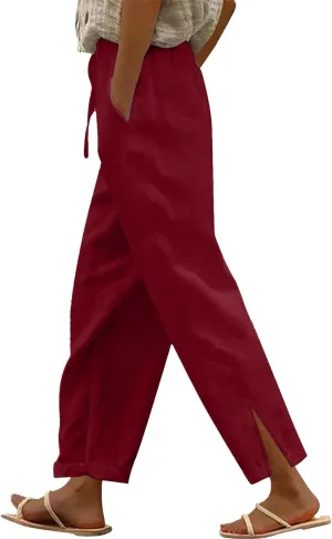 Womens Cotton Linen Casual Pants Loose Drawstring Elastic Waist Workout Athletic Palazzo Wide Leg Beach Trousers with Pockets