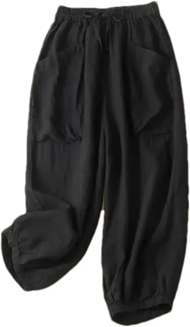 Women's Cotton Linen Casual Pants  Solid Color Elastic Drawstring Waist Wide-Leg with Pockets Summer Trousers
