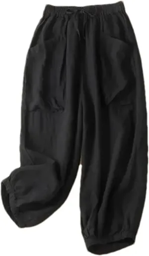 Women's Cotton Linen Casual Pants  Solid Color Elastic Drawstring Waist Wide-Leg with Pockets Summer Trousers