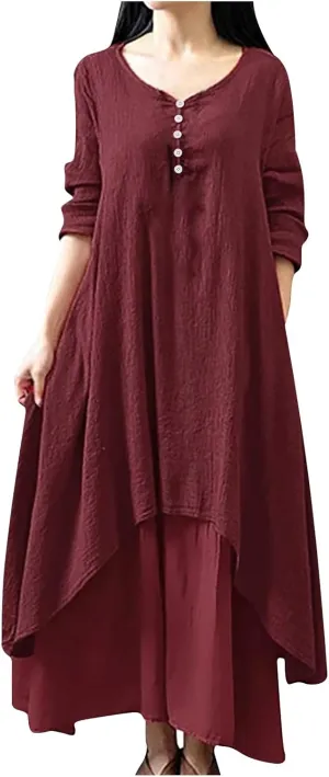 Women's Cotton Linen Dresses Irregular Hem Shirt Dress with Pockets Cotton Linen Dress Summer Midi Dresses