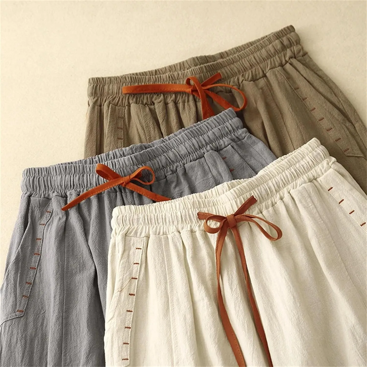 Women's Cotton Linen High-Waisted Wide-Leg Pants  Loose Fit Straight-Leg Drawstring Waist Casual Summer Trousers
