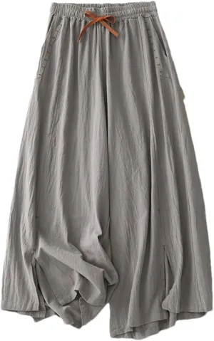 Women's Cotton Linen High-Waisted Wide-Leg Pants  Loose Fit Straight-Leg Drawstring Waist Casual Summer Trousers