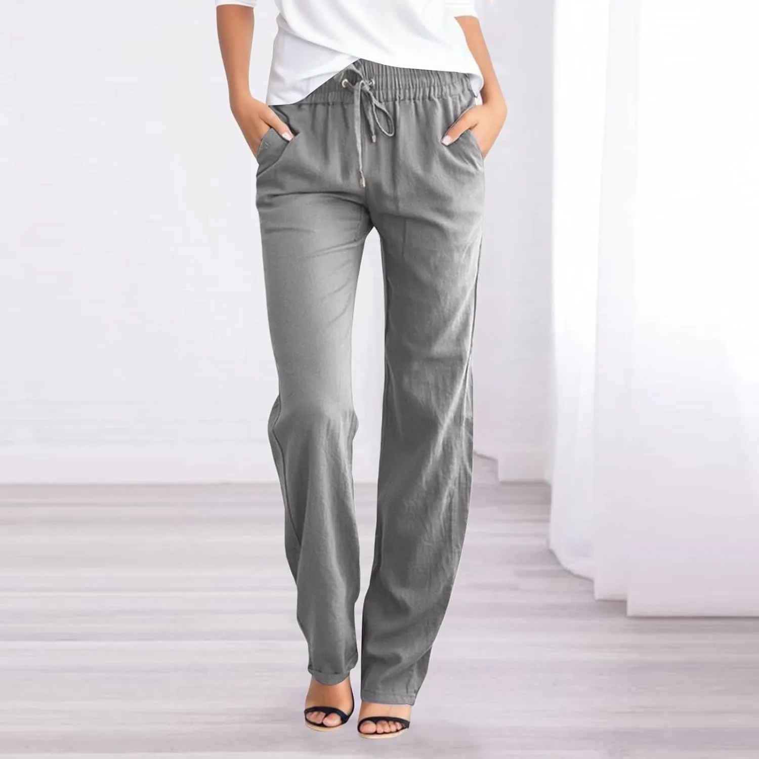 Women's Cotton Linen Pants Casual Loose Drawstring Elastic Waist Summer Beach Pants Lightweight Lounge Trouser Pockets
