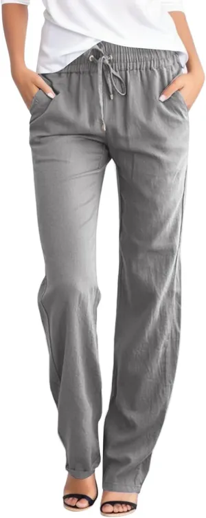 Women's Cotton Linen Pants Casual Loose Drawstring Elastic Waist Summer Beach Pants Lightweight Lounge Trouser Pockets