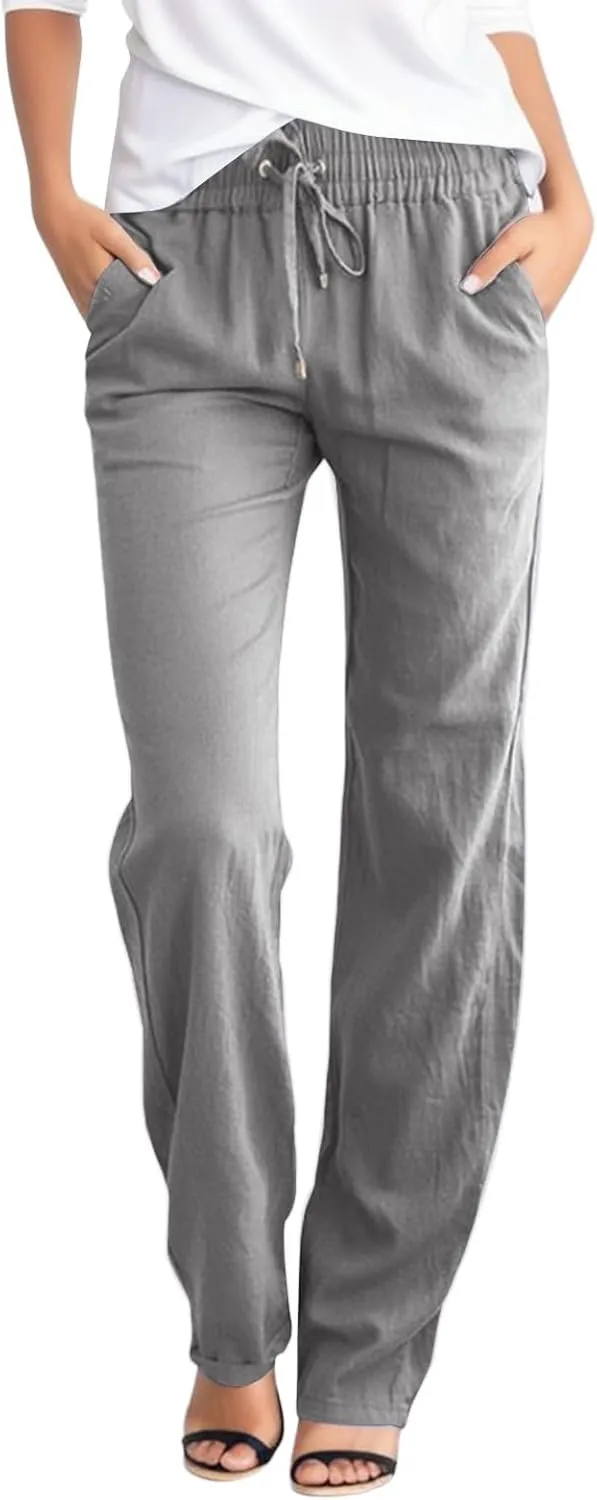 Women's Cotton Linen Pants Casual Loose Drawstring Elastic Waist Summer Beach Pants Lightweight Lounge Trouser Pockets