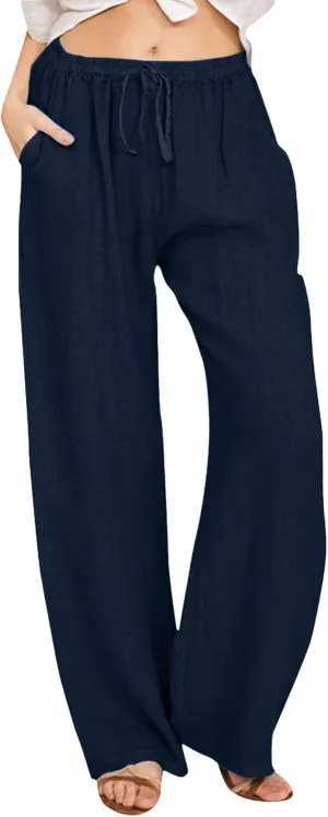 Womens Cotton Linen Pants Flowy High Waisted Wide Leg Pants Loose Fit Summer Beach Pants Casual Yoga Trousers with Pockets