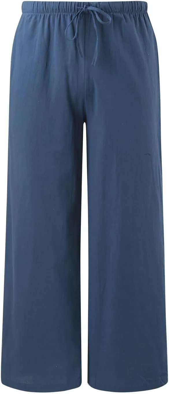 Womens Cotton Linen Pants Summer Palazzo Pants Drawstring Elastic Waist Wide Leg Trousers with Pockets