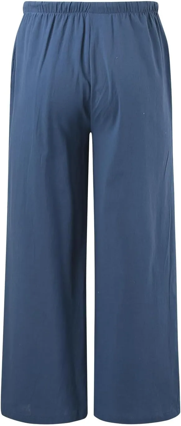 Womens Cotton Linen Pants Summer Palazzo Pants Drawstring Elastic Waist Wide Leg Trousers with Pockets