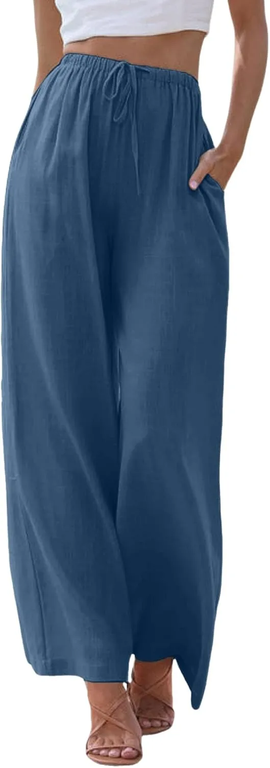 Womens Cotton Linen Pants Summer Palazzo Pants Drawstring Elastic Waist Wide Leg Trousers with Pockets