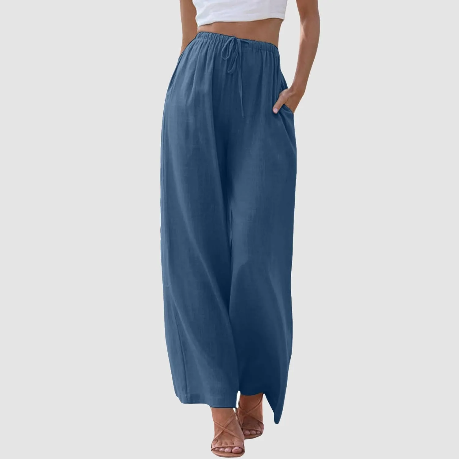 Womens Cotton Linen Pants Summer Palazzo Pants Drawstring Elastic Waist Wide Leg Trousers with Pockets