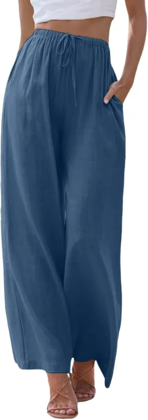 Womens Cotton Linen Pants Summer Palazzo Pants Drawstring Elastic Waist Wide Leg Trousers with Pockets