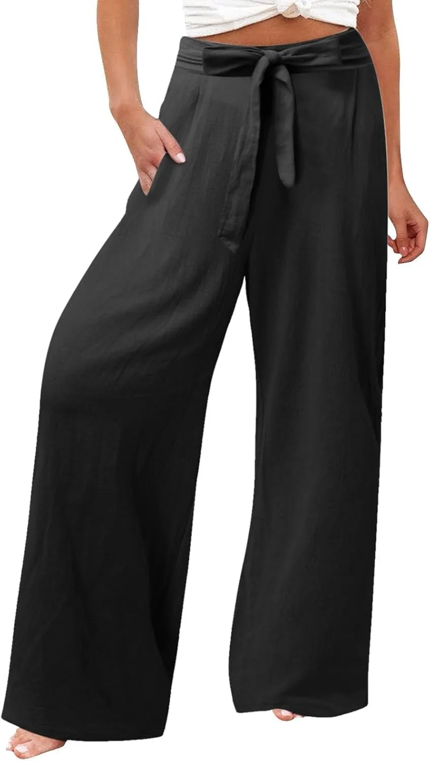 Women's Cotton Linen Summer Casual Loose Palazzo Lounge Pants Elastic Waist Lounge Pants Loose Fit Palazzo