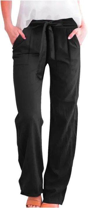 Women's Cotton Linen Summer Casual Loose Palazzo Lounge Pants Elastic Waist Lounge Pants Loose Fit Palazzo