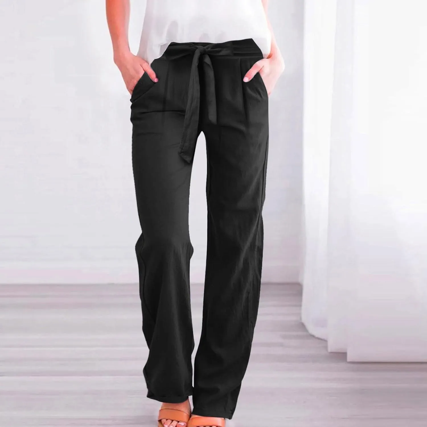 Women's Cotton Linen Summer Casual Loose Palazzo Lounge Pants Elastic Waist Lounge Pants Loose Fit Palazzo