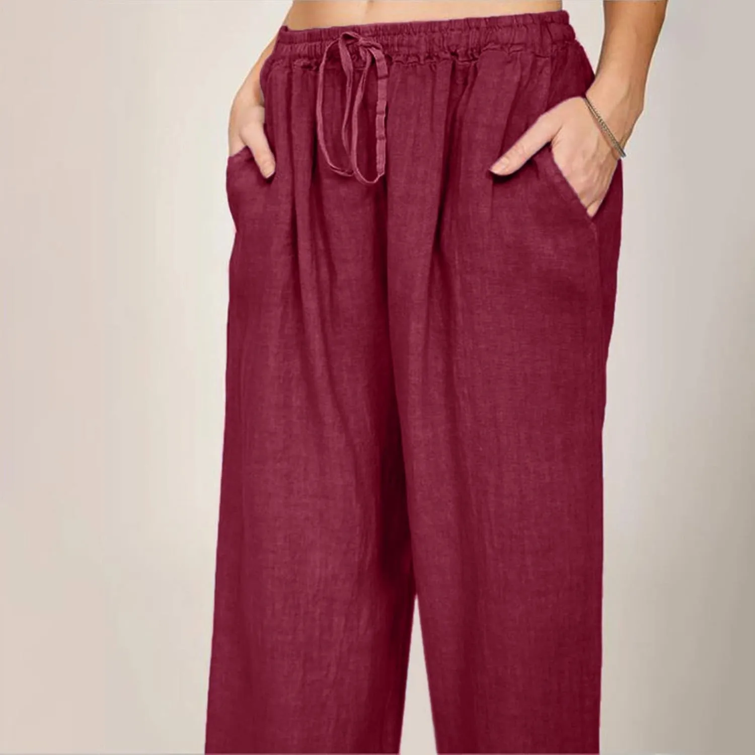 Women's Cotton Linen Summer High Waist Straight Leg Pants Comfy Solid Color Cotton Lounge Pants Loose Trousers with Pocket