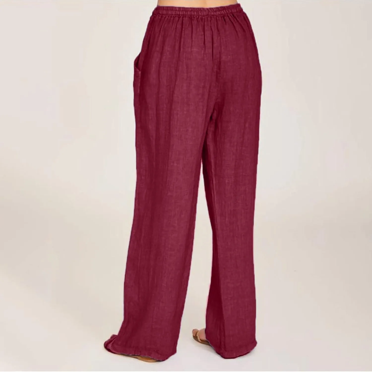 Women's Cotton Linen Summer High Waist Straight Leg Pants Comfy Solid Color Cotton Lounge Pants Loose Trousers with Pocket