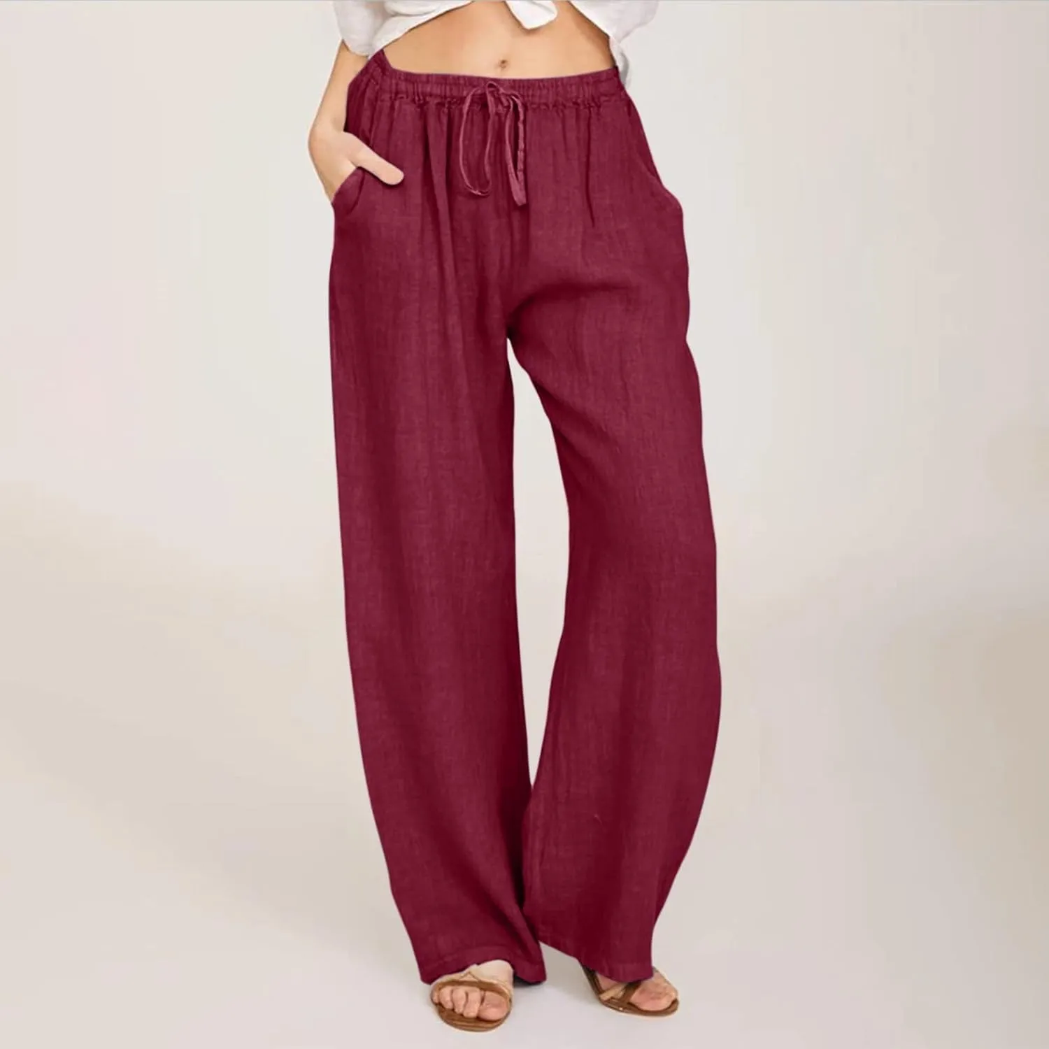 Women's Cotton Linen Summer High Waist Straight Leg Pants Comfy Solid Color Cotton Lounge Pants Loose Trousers with Pocket