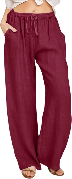 Women's Cotton Linen Summer High Waist Straight Leg Pants Comfy Solid Color Cotton Lounge Pants Loose Trousers with Pocket